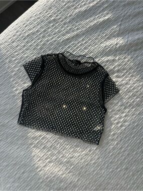 Black Mesh Rhinestone Crop Top